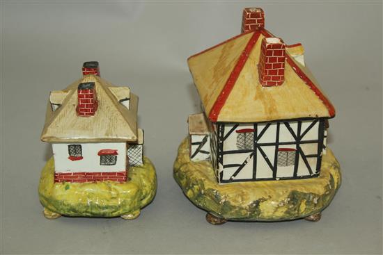 Two Staffordshire pearlware cottage pastille burners and covers, c.1820, height 8.5 - 11.5cm, largest with repairs